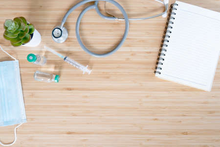 laboratory analyzing for testing and invent drug and vaccine during virus infection outbreak situation. Flat lay top viewの写真素材