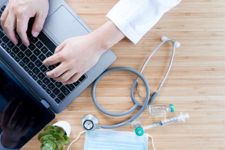 laboratory analyzing for testing and invent drug and vaccine during virus infection outbreak situation. Flat lay top viewの写真素材