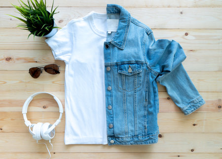 White tshirt mockup and denim jacket jeans on brown wooden background. Template, flat layの写真素材
