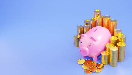 3d render, Piggy bank with stack of gold coin, saving or save money. Deposit concept.