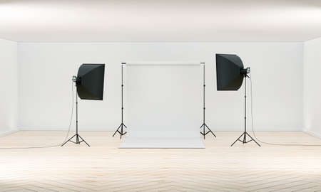 3D Photography studio. Photo studio white blank background with soft box light, camera, tripod and...