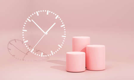 3D. Minimon pink podium set up in the studio. pink background with a white analog clock in the background. indicative of time. Scene stage mockup showcase for product, sale, banner, presentation, cosmetic, offer.の写真素材