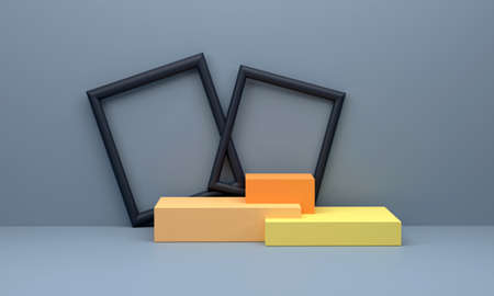 3d rendering, 3 square plinths on a black-framed background. For use as an added value of luxury goods. Scene stage mockup showcase for product, sale, banner, presentation, cosmetic, offer.の写真素材