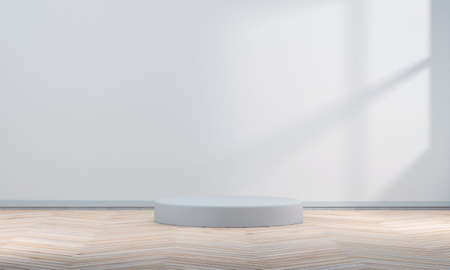 3D. The white podium is located in the white room. near the window where the sunlight enters Warm atmosphere. Scene stage mockup showcase for product, sale, banner, presentation, cosmetic, offer.の写真素材