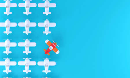 3D. Group of white airplane in one direction and one red airplane pointing in different way on blue background. Business for new ideas creativity, innovative and solution concepts.の写真素材