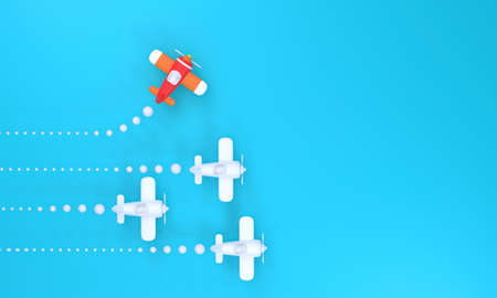 3D Group of white planes in one direction and one red plane pointing the other on a blue background....