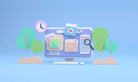3D. Computer screen showing icons about pictures tourism and tree as a backdrop Gives you the...