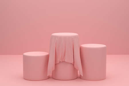 3D. The podium showcases pink merchandise with a veil that stands out. for displaying products in a pink studio room. Scene stage mockup showcase for product, sale, banner, presentation, cosmetic, offer.の写真素材