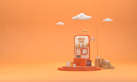 3D. A mobile phone that runs an online store on a podium with parcel boxes and paper bags is a symbol of online selling.の写真素材