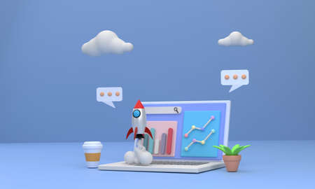 3D. notebook computer showing a business graph A rocket soared up on sky. Concept of start-up, new...
