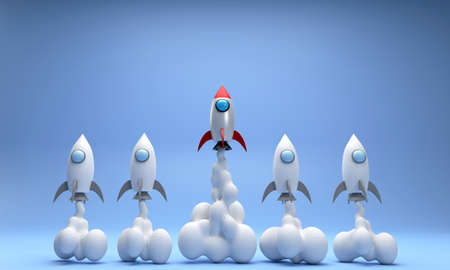 3D. rocket soaring. Different rockets fly high and stand out. different from others, concept startup...