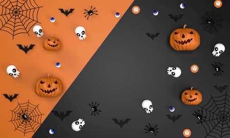 3D. Halloween festival background on orange and black color background Ghost Pumpkin, bats, eyeballs, spiders, ghost coins, cobweb and skullの写真素材