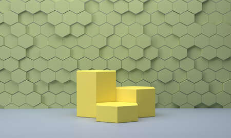 3D. Hexagonal podium with pastel-colored honeycomb wall background. for product displayの写真素材