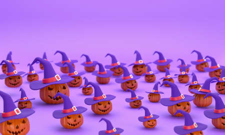 3D. The Halloween festival with many Halloween pumpkins wearing witch hats on purple background.の写真素材