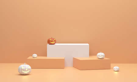 3D. square podium with halloween pumpkin for displaying products at Halloweenの写真素材