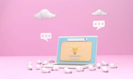 3D. A laptop uploading creativity different from others with a light bulb as a symbol.の写真素材