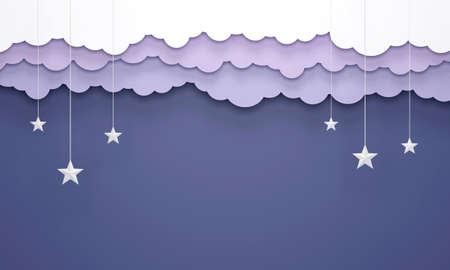 Paper art style, hanging clouds and stars in the blue sky design 3D render.の写真素材