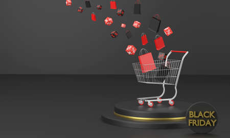 3D. Black Friday festival sale supermarket cart and paper bags for promotion shoppingの写真素材