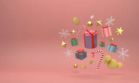 3D. Gift boxes and golden balls Christmas festive celebrations on a red background.の写真素材