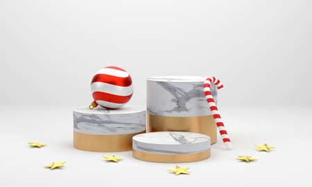 3D. marble podium for display For the Christmas season, Christmas balls, candy canes and stars.の写真素材