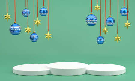 3D. white podium for display.Christmas ball and golden stars at Christmas festival on a white background.の写真素材