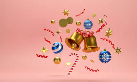3D. festive celebrations for new year and christmas party christmas balls ribbons, gift boxes.の写真素材