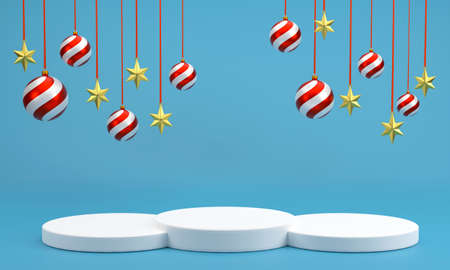 3D. white podium for display.Christmas ball and golden stars at Christmas festival on a white background.の写真素材