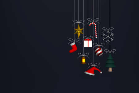 3D. Christmas decorations hanging party on background.の写真素材