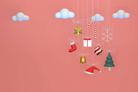 3D. Christmas decorations hanging on pink background.の写真素材