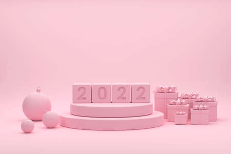 3D. 2022 pink podium, Christmas balls, gold ribbons and gift boxes for show product at the christmas festival on white background.の写真素材