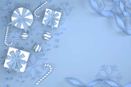 3D. Top view, gift boxes and ribbons as a Christmas background. and happy new yearの写真素材