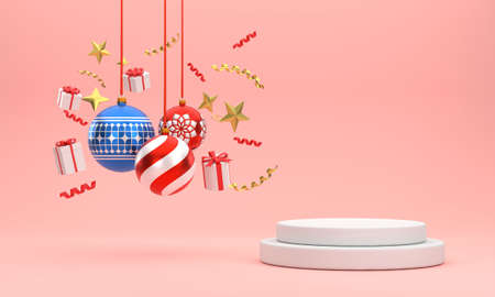 3D. Podium on Christmas balls, gift boxes, ribbons, Christmas decorations. in the red background.の写真素材