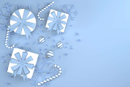 3D. Top view, gift boxes and ribbons as a Christmas background. and happy new yearの写真素材