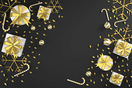 3D. Gift box and gold ribbon with golden snowflakes on a black background