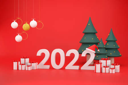 3D. 2022 font, Santa Claus hat, gift box, christmas balls christmas tree At Christmas and New Year...