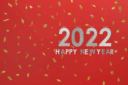 3D. silver 2022 hanging with a rope Concept Happy New Year and Christmas. red blackgroundの写真素材