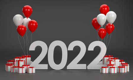 3D. 2022 balloons, gift box, christmas tree At Christmas and New Year on a black background