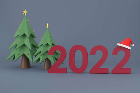 3D. 2022 font, Santa Claus hat, christmas tree At Christmas and New Year on a white backgroundの写真素材