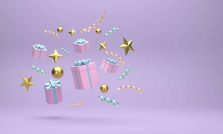 3D. Gift boxes and golden balls Christmas celebrations on a blue background.