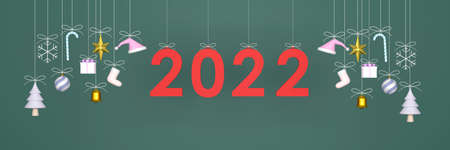 3D. 2022 Christmas decorations hanging party on green background.