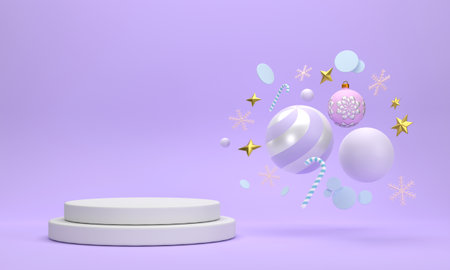 3D. Podium on festive celebrations for new year and christmas party christmas balls ribbons, gift boxes, snowflakes.の写真素材