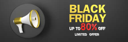 3D. Black Friday with megaphone on a black background.