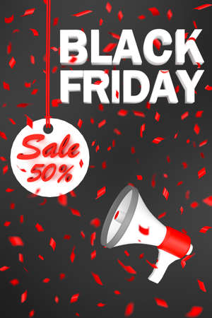 3D. Black Friday sign tag sale with megaphone on a black background.の写真素材