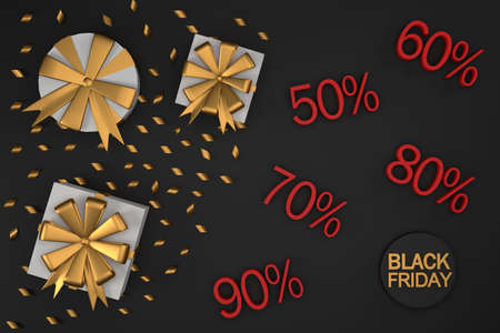 3D. Black Friday Sale Promotion, Gift Box and ribbon on a black background