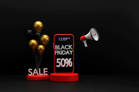 3D. Black Friday promotion with balloons and megaphones on a black background.
