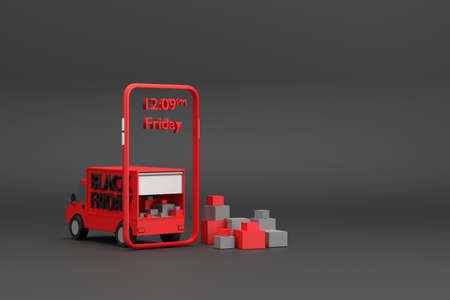 3D. black friday Selling online with mobile phones that is ready to deliver delivery truck The car was full of parcels.の写真素材