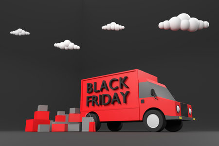 3D. Black Friday sale.Business delivery trucks for online shopping ready to send to customers Consolidation speed.の写真素材