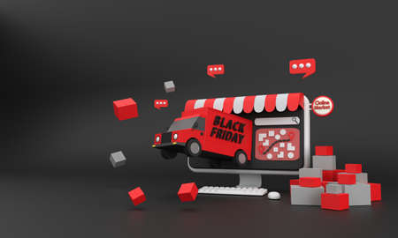 3d. Black Friday. E-commerce concept, Shopping online and delivery service on computer application, Transportation high-speed delivery by truck,の写真素材