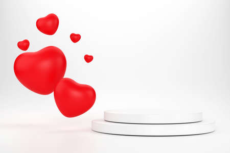 3D. White circle podium with red heart with white background. Valentine's day concept. Mock-up showcase for product. 3D Renderingの写真素材