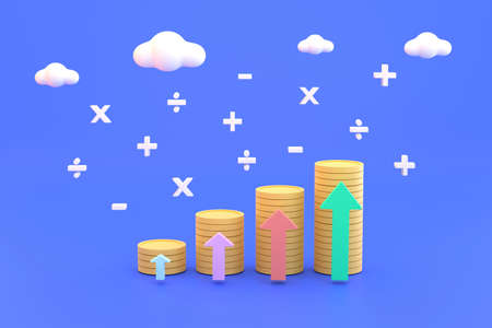 3D. Pile of coins with plus, minus, multiply, divide investment ideas financeの写真素材